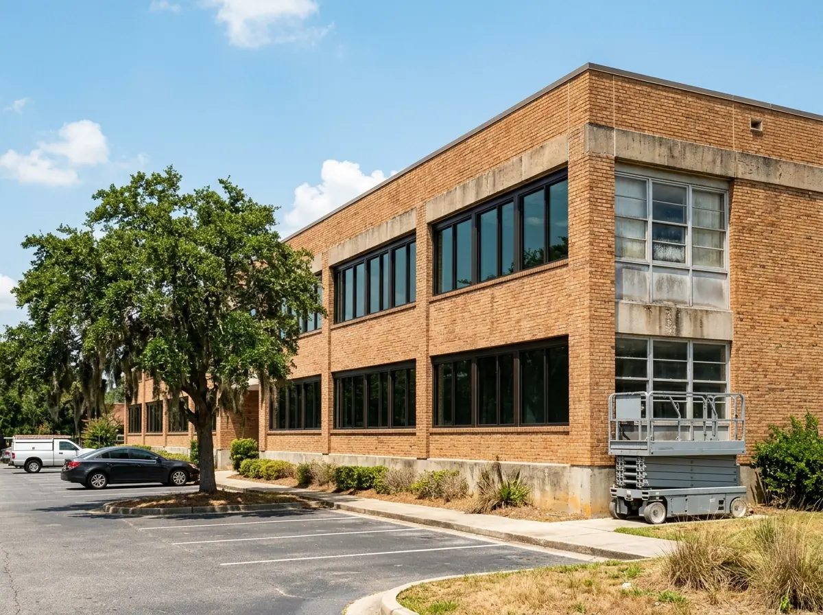 Low-rise brick office building with rows of new dark bronze aluminum windows, one bay of old windows still in place awaiting replacement, live oak in the parking lot