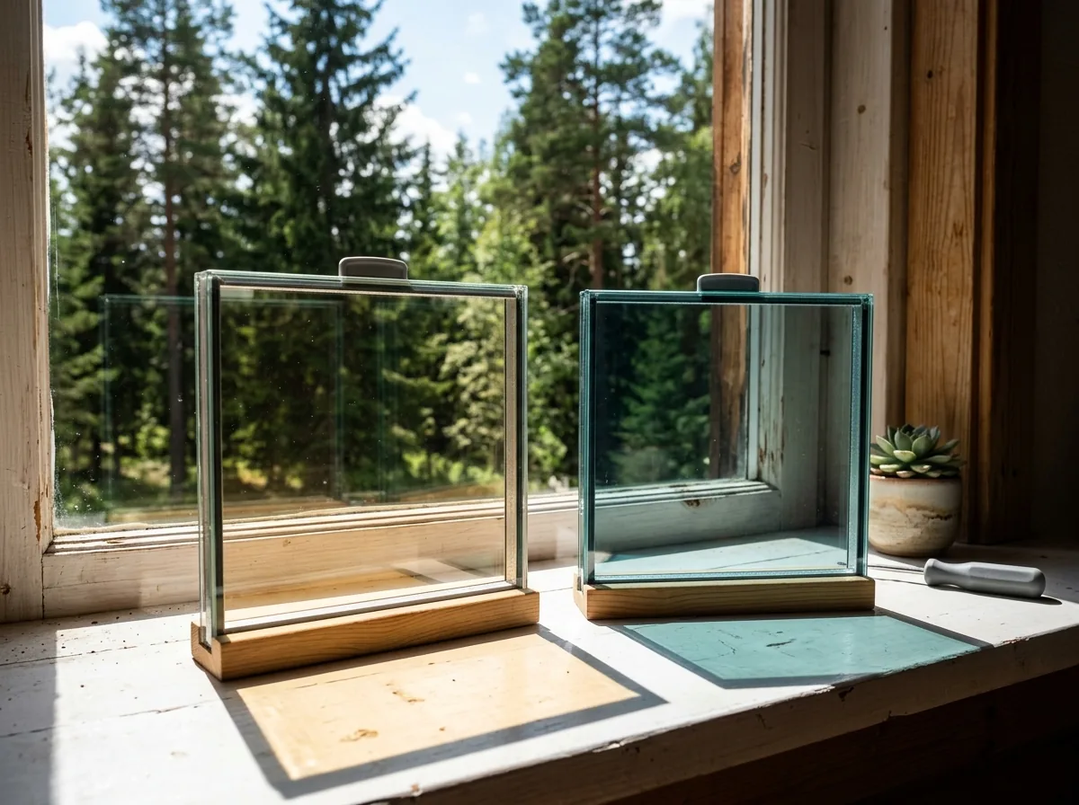 Two sample panes of window glass held up to bright sunlight, the one on the right with a faint blue-green low-E tint casting a cooler patch on a white sill