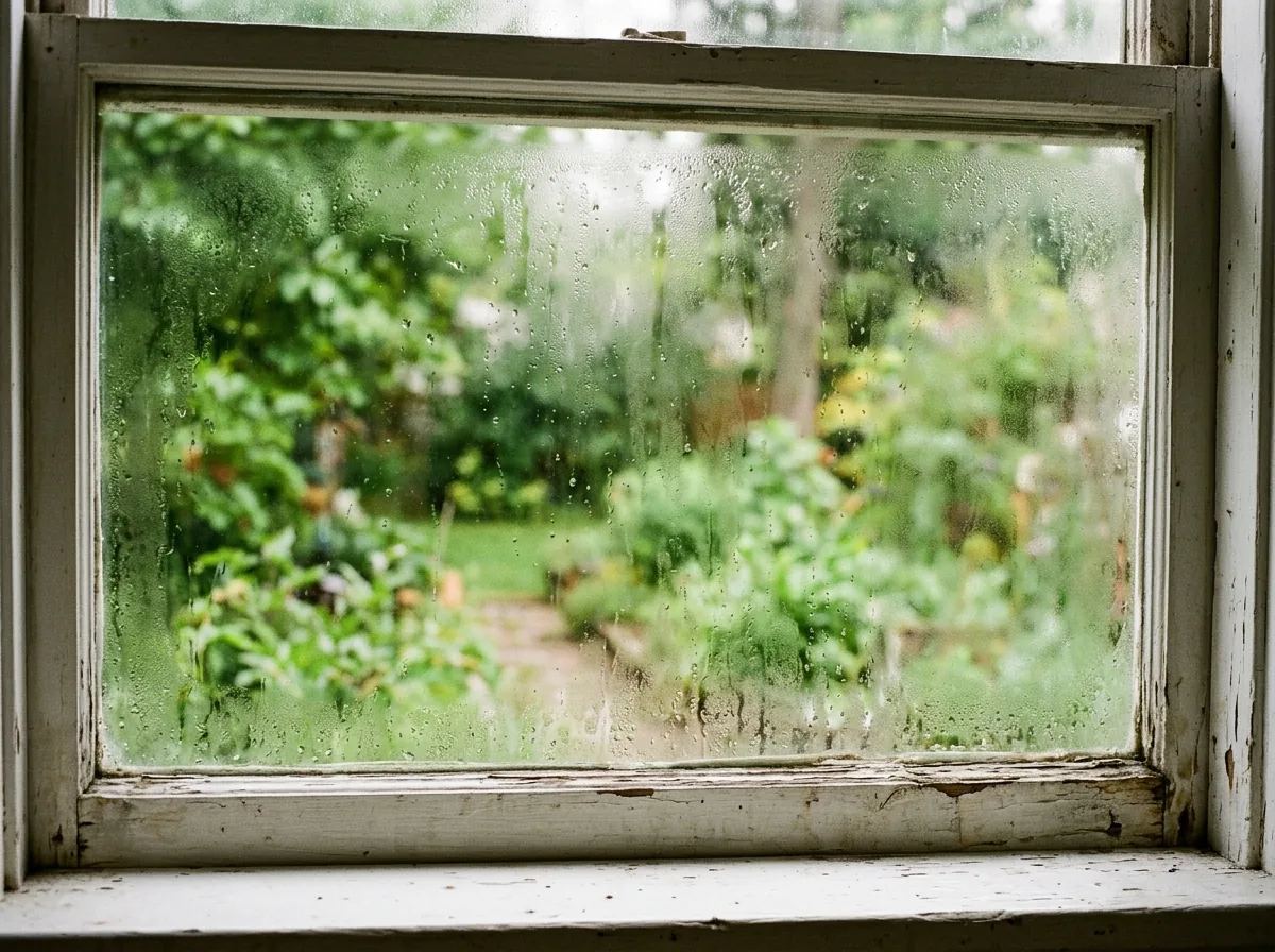 An older double-pane window with milky fog and droplets trapped between the panes, blurring a green garden
