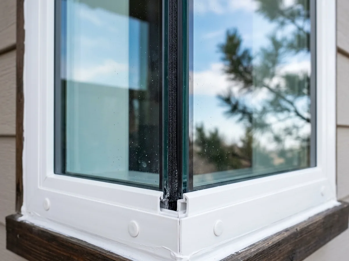 Close-up of a double-pane window corner showing the dark warm-edge spacer between the two panes and a faint low-E tint