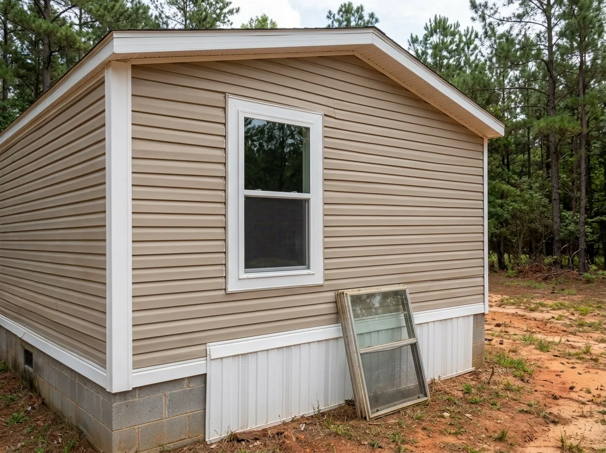 White vinyl clamp-in window being fitted into the wall of a tan manufactured home on a skirted block foundation, the interior clamping frame visible through the open sash