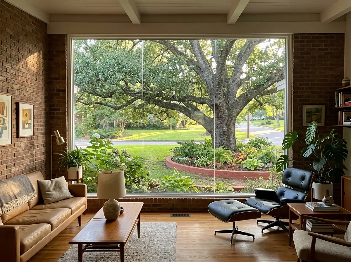 Wide fixed picture window in the living room of a 1960s brick ranch, single pane of glass with no grilles looking out on a lawn, live oak and red clay flower bed