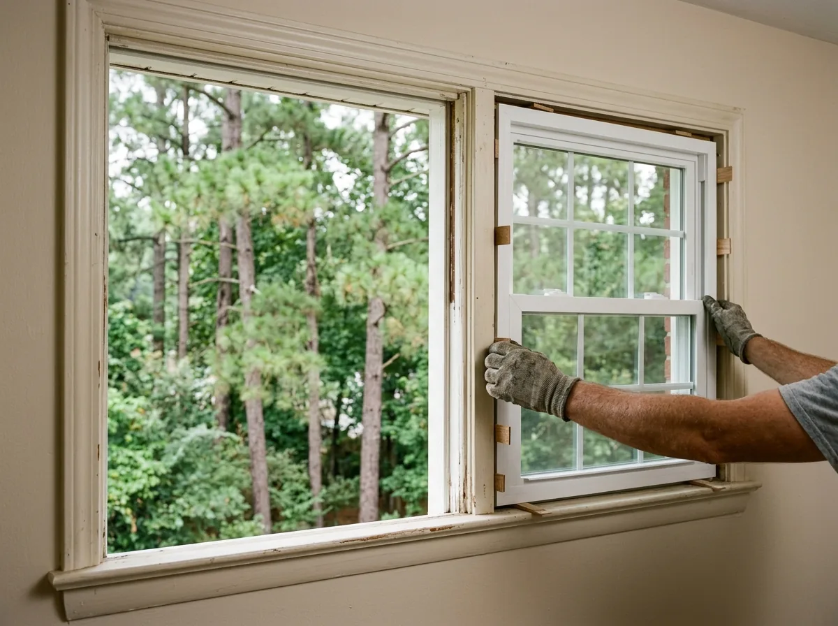 A white vinyl insert window being set into an existing painted wood window frame, the old interior trim still in place around it