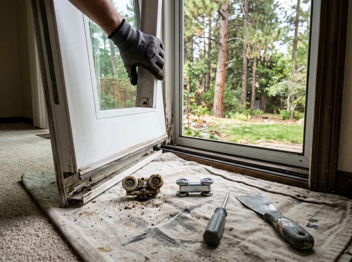 Sliding patio door panel lifted off its track and leaned on a drop cloth, with the old bottom roller assembly pulled out beside a new steel roller, plain gray unbranded tools nearby