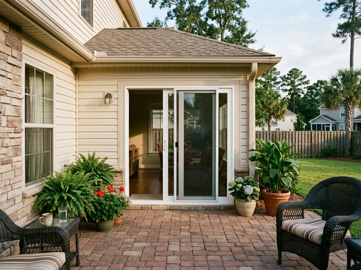 A two-panel white vinyl sliding glass door seen from a brick patio, the left panel slid partly open behind the fixed right panel, a screen panel on the outside track