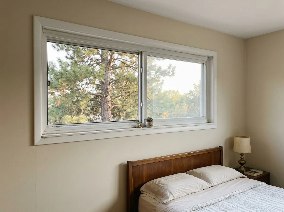 Wide white two-panel horizontal sliding window in a ranch-house bedroom, the left sash slid halfway open, light-colored walls and a pine tree visible outside