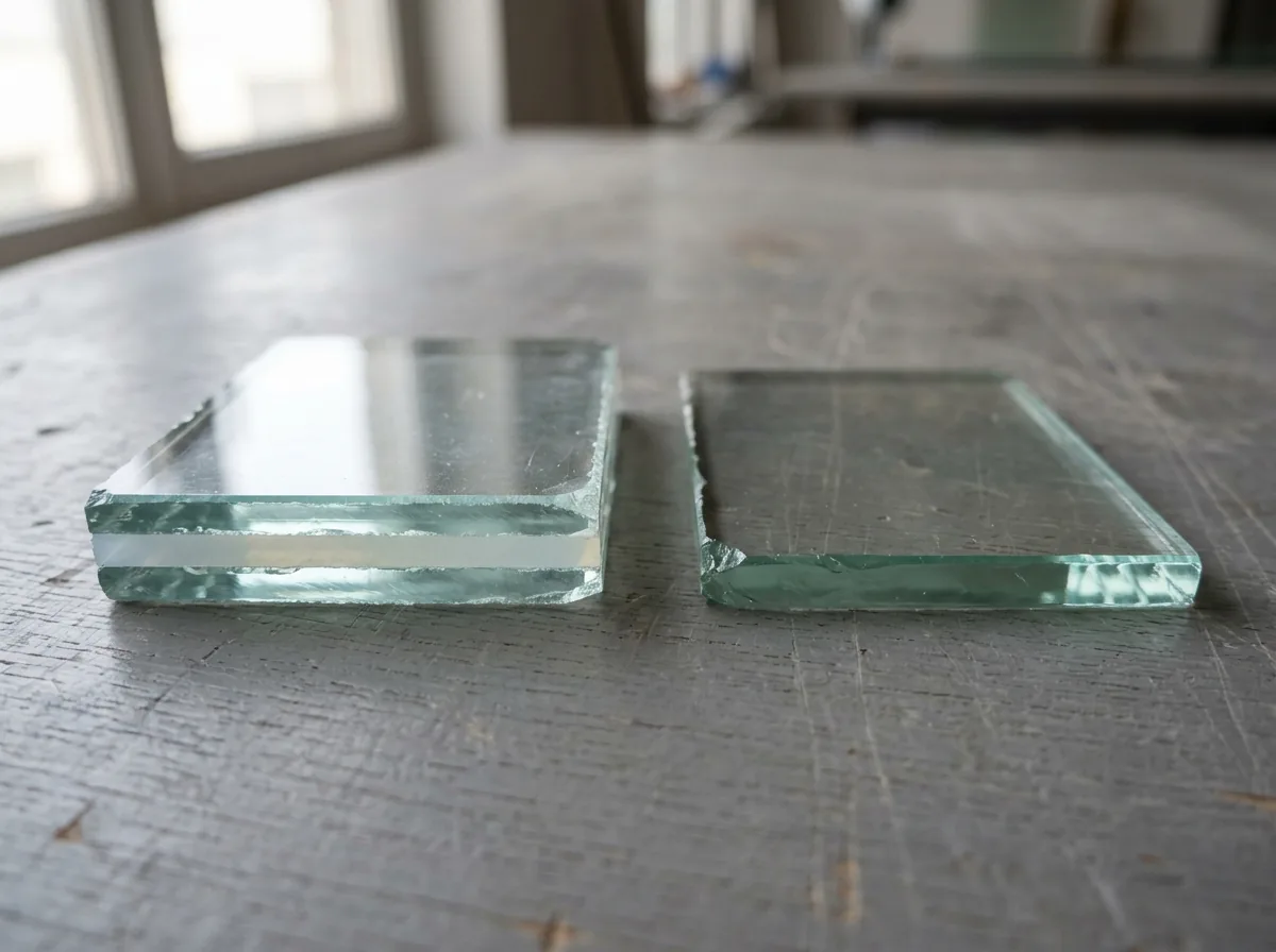 Cut corner sample of laminated window glass on a workbench, two clear glass layers bonded around a thin plastic interlayer visible at the edge