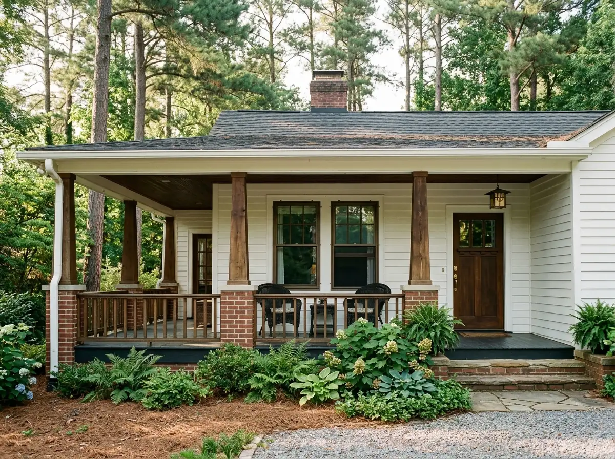 Exterior aluminum triple-track storm window in a bronze finish mounted over an old wood double-hung window on a white clapboard bungalow, pine trees behind