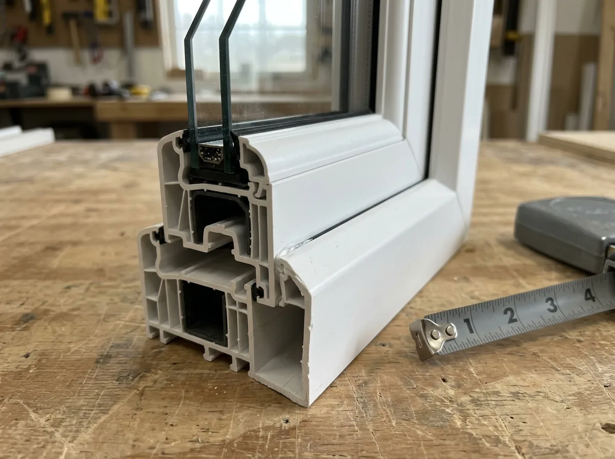 Cutaway corner of a white vinyl replacement window frame on a workbench, showing the fused corner seam and several hollow chambers inside the profile, double-pane glass edge visible