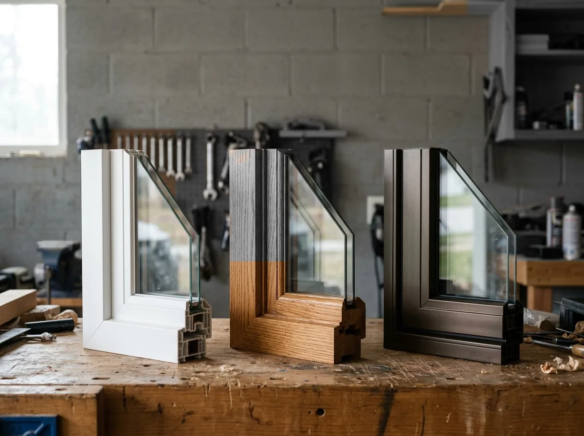 Corner samples of a white vinyl, a stained wood and a dark bronze fiberglass window frame standing side by side on a workbench