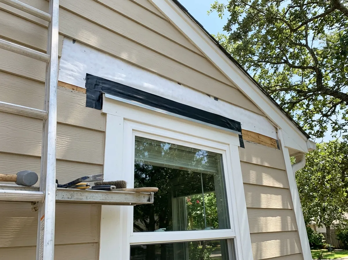 Window head on a lap-sided house with the siding cut back to show a metal drip cap over the top trim and flashing tape lapped under the house wrap above it