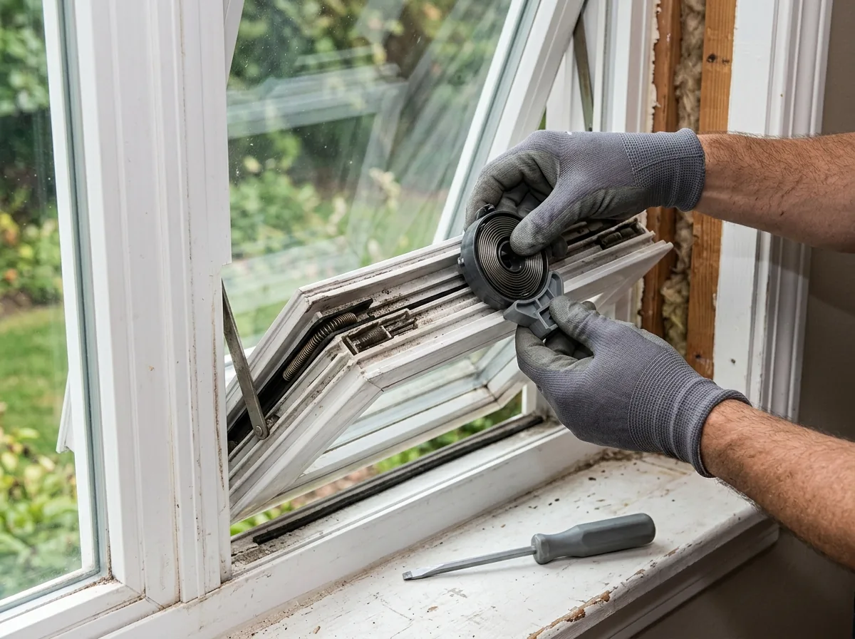 A tilted-in vinyl window sash with the side jamb exposed, a new coil balance and pivot shoe being fitted in the jamb track