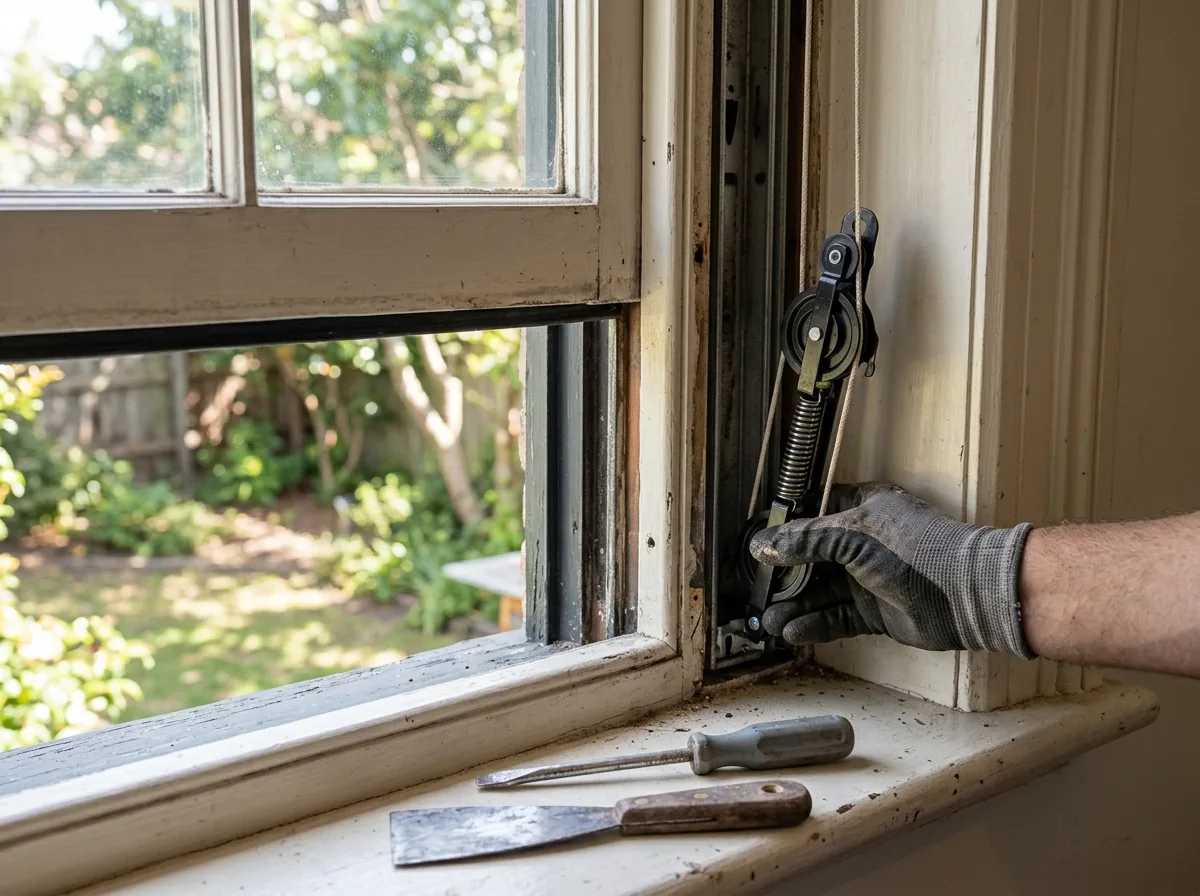 Close-up of a double-hung window with the lower sash removed and a replacement spiral balance being fitted in the jamb channel