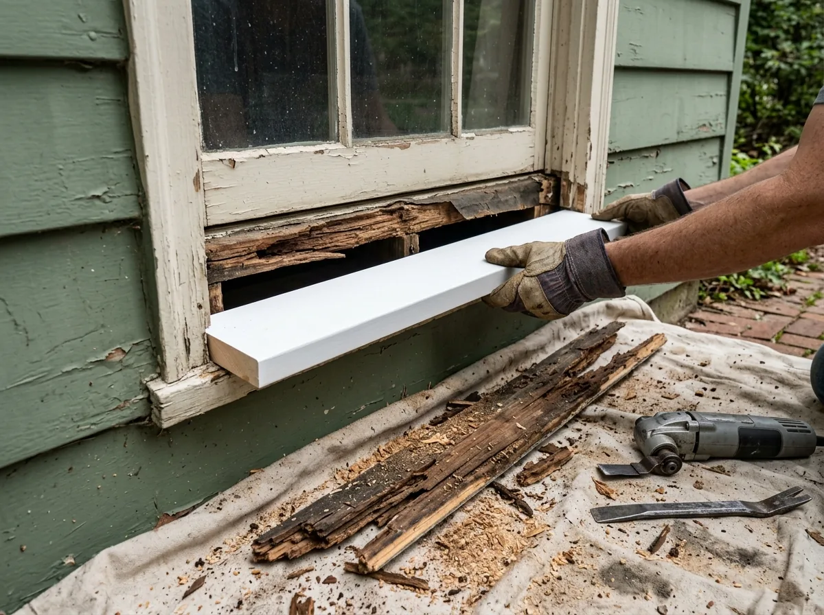 Old window with the rotted wood sill cut out and a new primed sill being slid into place under the jambs, sawdust on a drop cloth, plain gray unbranded tools