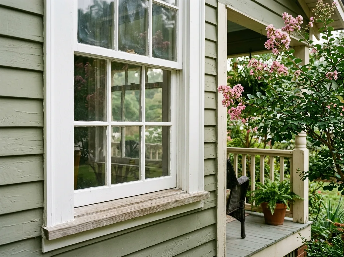 Freshly painted white all-wood double-hung window with six-over-six true divided lites on a 1920s clapboard bungalow, deep window casing, crepe myrtle beside the porch